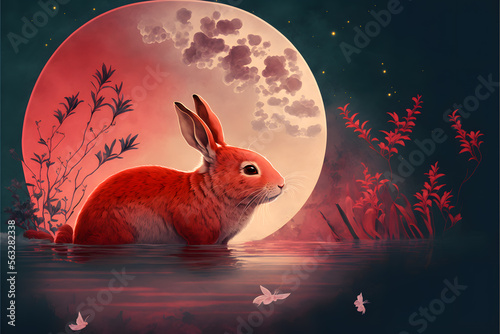 lunar New Year background, year of rabbit water made with Generative AI