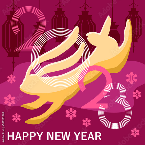 2023 Chinese New Year postcard with zodiacal Rabbit sign with Chinese lanterns and flowers on the background. Vector graphic poster, template, banner, invitation and greeting card.