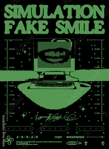 Retro futuristic poster with obsolete computers and "Fake smile" text. Abstract print with noise, for streetwear, print for t-shirts and sweatshirts on a black background