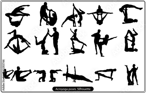 Set of editable vector silhouettes of woman in various acroyoga positions 
