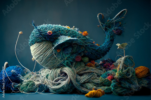 Knitted animals welcome everybody in the wonderful yarnworld of creativity, yarn, landscape, handmadelike colorful pieces, AI generative photo