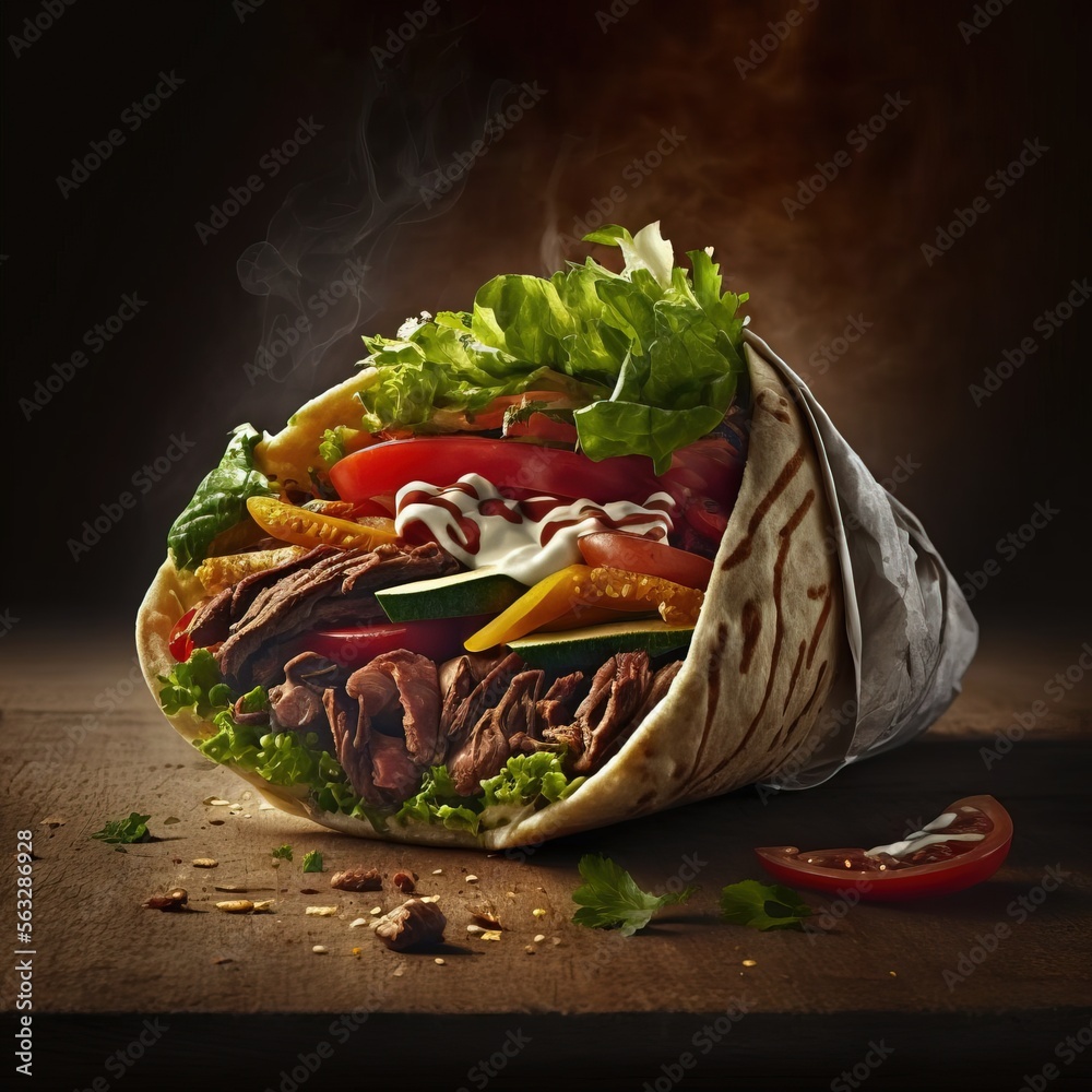 Produktfoto eines leckeren Döners im Wrap-Teig / dünnes Fladenbrot ...