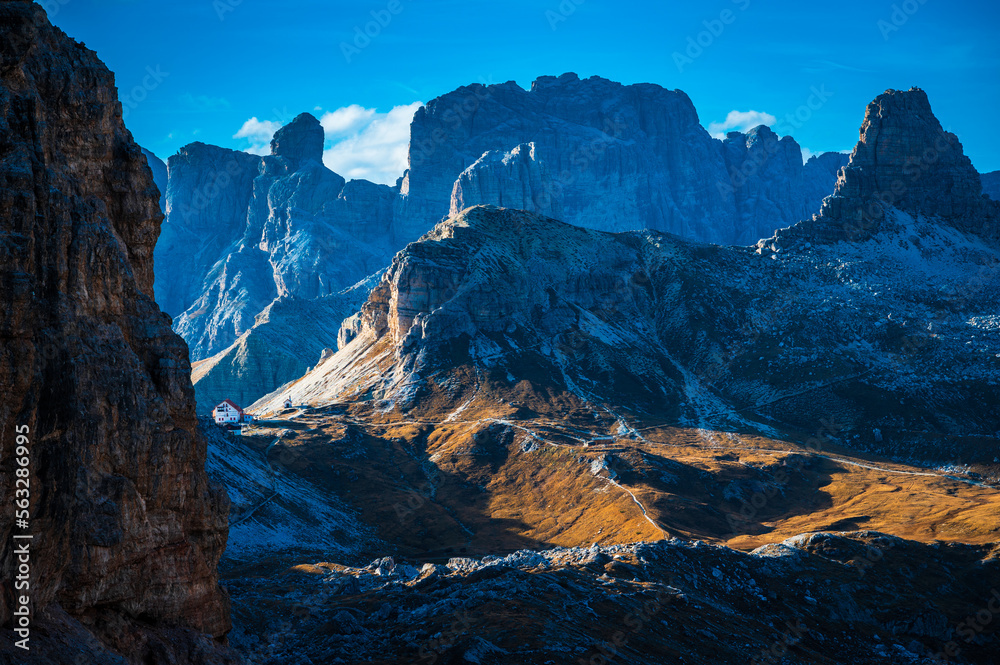 Sunset over the Dolomites. Park of the three peaks of Lavaredo.