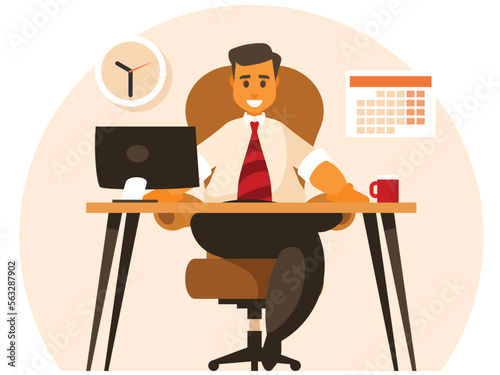 Businessman at his workplace. Man is working at his desktop pc. Vector illustration