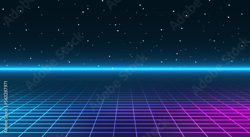 Retro cyberpunk style background. Sci-Fi background. Neon light grid landscapes. 80s, 90s