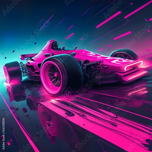 pink racing car in night, draws a laser beam fire speed race futuristic holographic wheels fast streaks in the sky line tire light beams hypersonic purple 