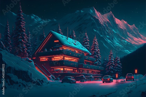 A neon-lit ski resort, generative ai