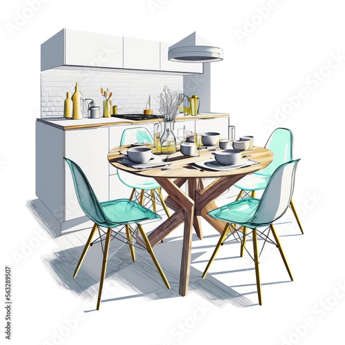 modern kitchen table on a white background  realistic chair table furnishings planning idea interior desing bluedining room comfortable