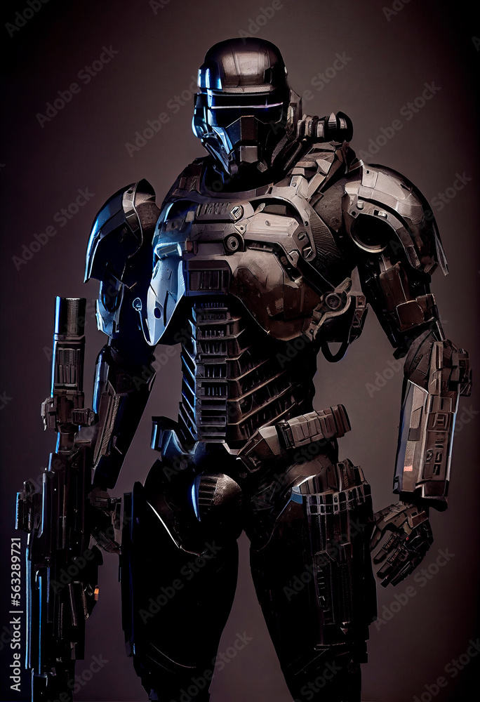 Naklejka premium Robots. Soldier Robot hyper realistic. Conceptual project 2025. Futuristic interpretation. Illustration for advertising, cartoons, games, blockbusters, print media. My collection. Generative AI