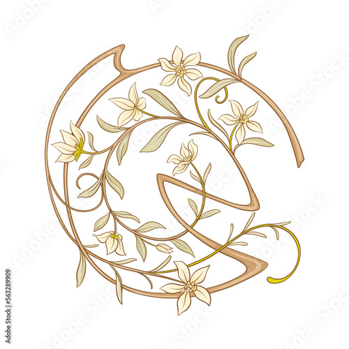 Decorative flowers and leaves in art nouveau style, vintage, old, retro style. Clip art, set of elements for design Vector illustration.