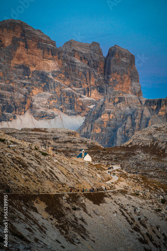 Dusk on the Dolomites. Park of the three peaks of Lavaredo.