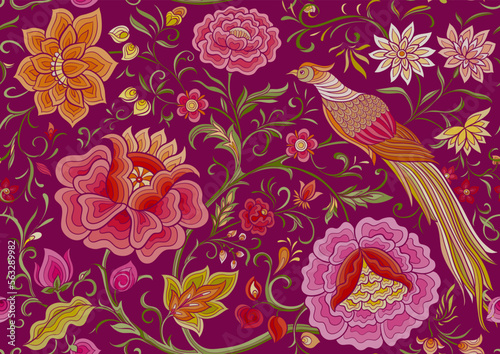 Fototapeta Naklejka Na Ścianę i Meble -  Fantasy flowers and pheasant bird in retro, vintage, chinese silk on velvet embroidery style. Seamless pattern, background. Vector illustration.
