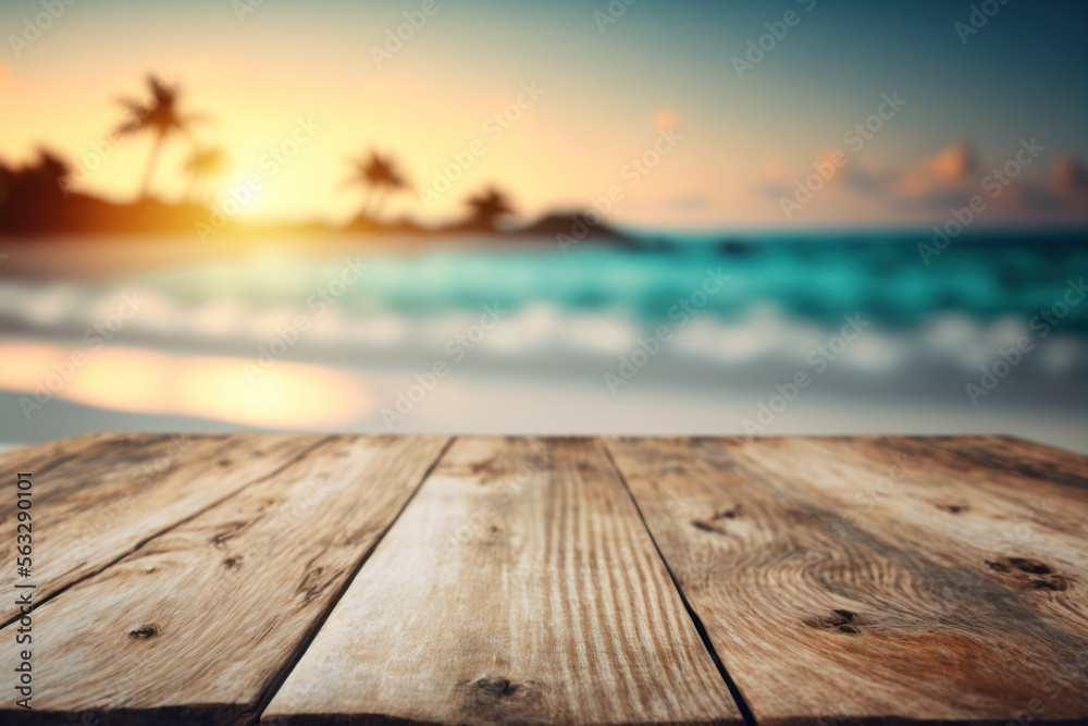 Copy space of tabletop on tropical beach with sunset sky and clouds abstract background. Product presentation in nature concept. Generative AI