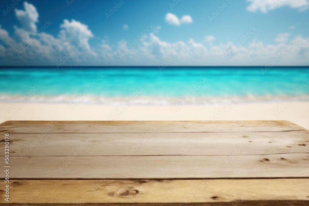Copy space of tabletop on tropical beach with blue sky and white clouds abstract background. Product presentation in nature concept. Generative AI