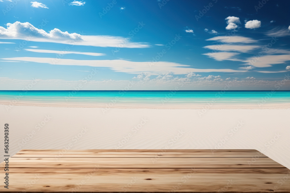 Copy space of tabletop on tropical beach with blue sky and white clouds abstract background. Product presentation in nature concept. Generative AI