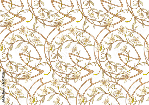 Decorative flowers and leaves in art nouveau style, vintage, old, retro style. Seamless pattern, background. Vector illustration. In art nouveau style, vintage, old, retro style.
