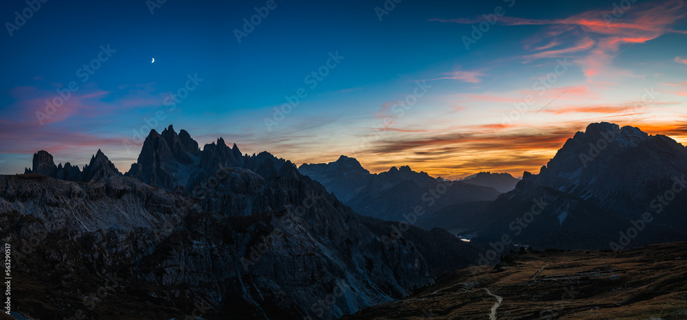 Dusk on the Dolomites. Park of the three peaks of Lavaredo.