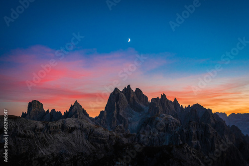 Dusk on the Dolomites. Park of the three peaks of Lavaredo.