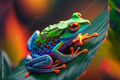 Obraz na płótnie A colorful frog sitting on top of a green leaf, Generative AI