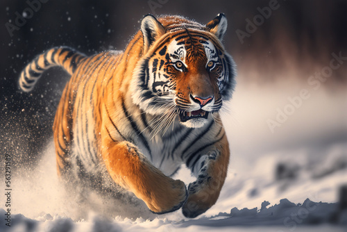 A tiger running through the snow in the wild, Generative AI