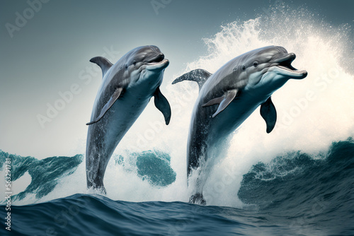 Two dolphins are jumping out of the water  Generative AI