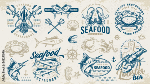 Seafood restaurant labels set colorful