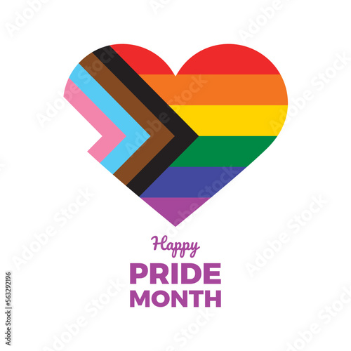 Happy Pride Month poster with heart shape icon vector. Progress LGBTQIA pride flag in heart shape icon vector isolated on a white background. LGBT graphic design element. Rainbow gay flag heart icon