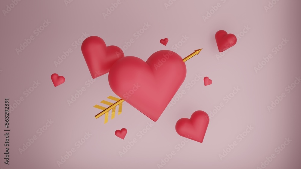 Red hearts with arrow 3d illustration