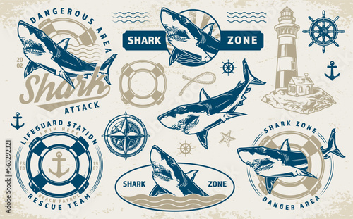 Dangerous shark set colorful labels