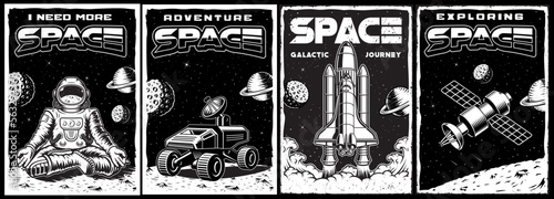 Set of black and white space posters in vintage style with shuttle, astronaut meditation, space satellite. This design can also be used as a t-shirt print.