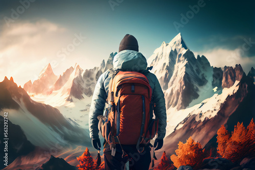 Fotografia Man with tourist backpack and mountains abstract flat background