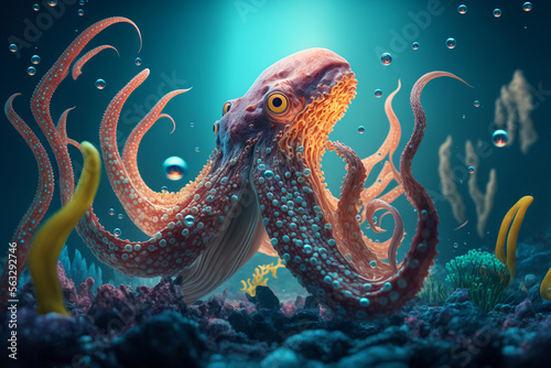 An octopus swimming in an aquarium with its mouth open, Generative AI