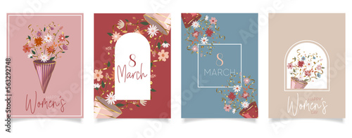 Happy Womens Day March 8 Cute cards and posters for the spring holiday. Vector illustration of a date, a women and a bouquet of flowers