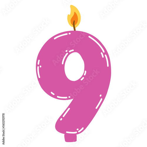 Candle number nine in flat style. Hand drawn vector illustration of 9 symbol burning candle, design element for birthday cakes