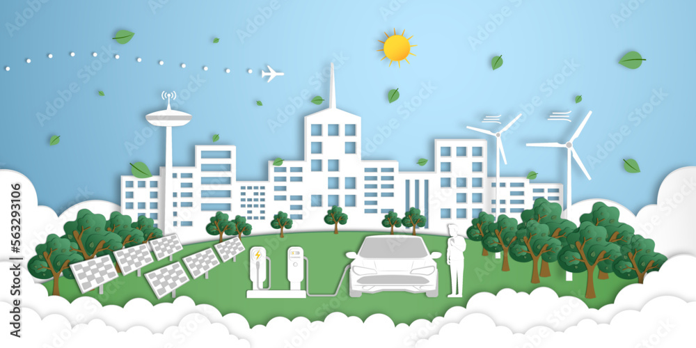 Renewable energy concept, Environmentally sustainability ecological, City with Electric car and Electricity from wind power generators, Solar panels, Green power technology connected to smart urban.