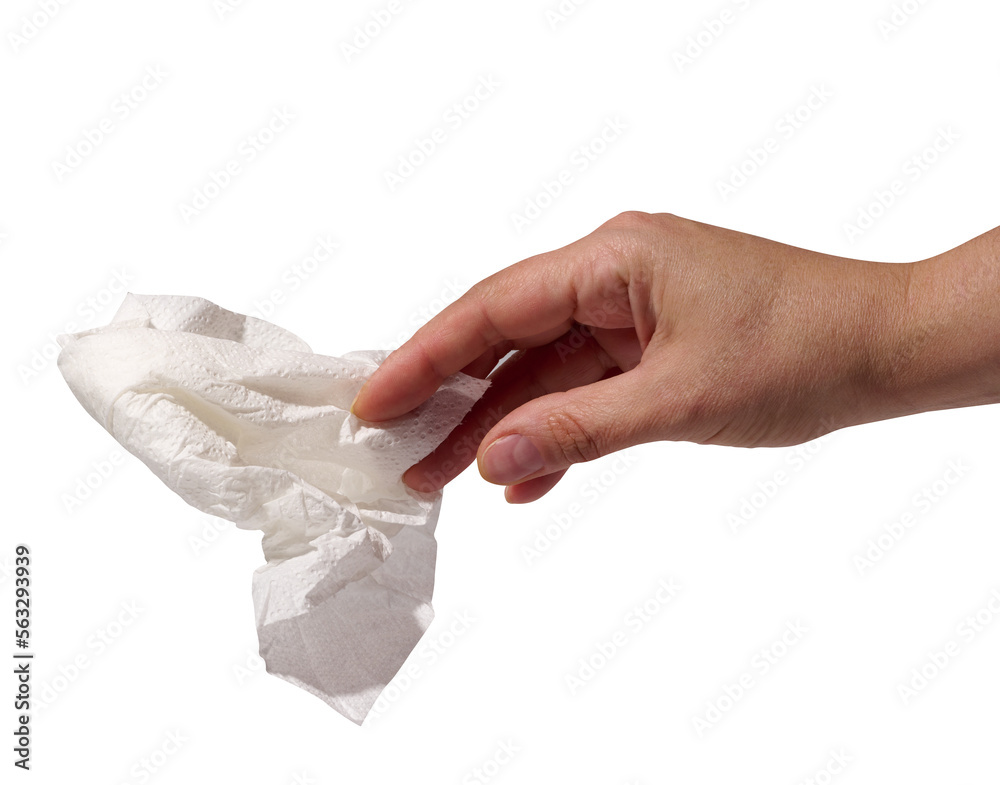 Woman's hand holding a white paper napkin on a white background Woman's hand holding a white paper napkin on a white background