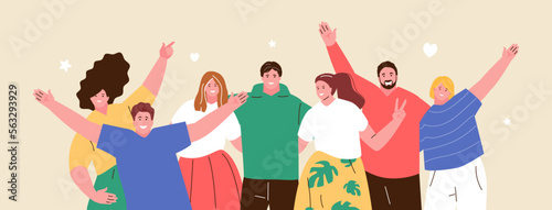Happy hugging people friends waving their hands. Youth Day, friendship, team. Vector characters
