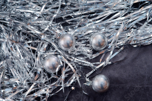 Trendy silver holiday background.Silver christmas balls