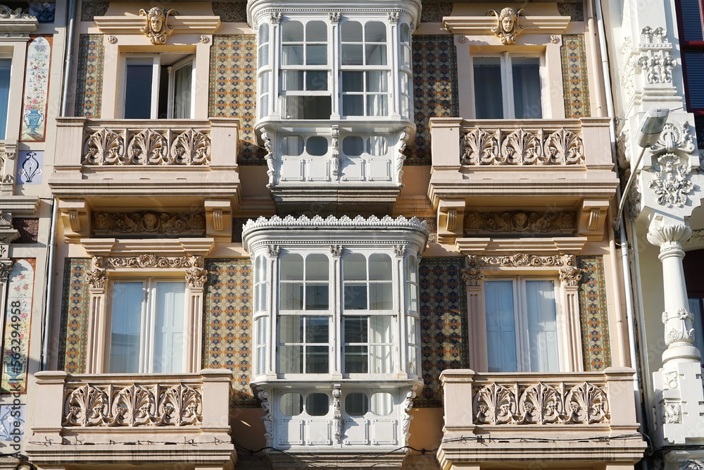Detail of a modernist facade in the 'Plaza de Lugo', in the city of Coruna Coruna, Galicia, Spain 10/12/2019 Detail of a modernist facade in the 'Plaza de Lugo', in the city of Coruna Coruna, Galicia, Spain 10/12/2019