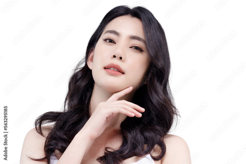 Beautiful Asian girl with long and shiny wavy hair isolated on