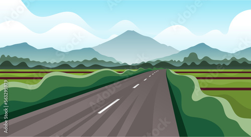 Natural landscape View of the highway, rice fields and mountains