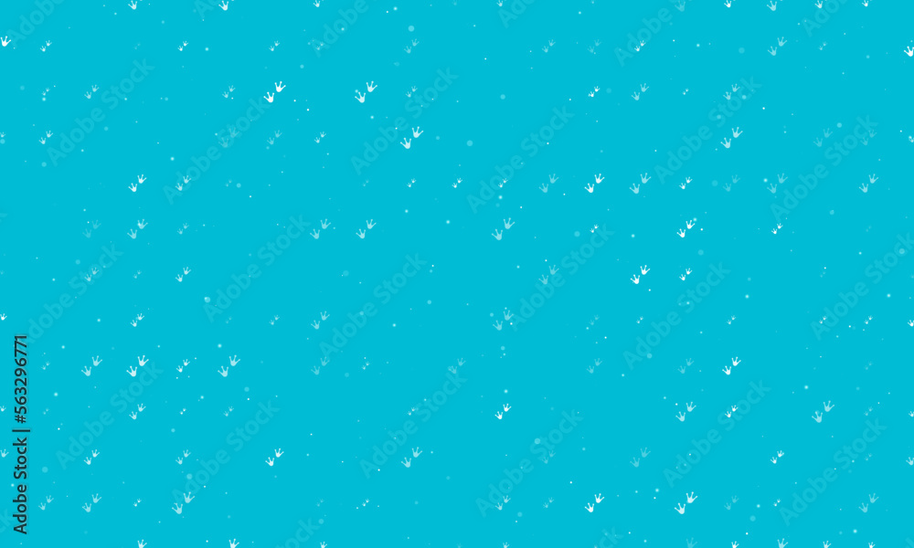 Seamless background pattern of evenly spaced white frog tracks symbols of different sizes and opacity. Vector illustration on cyan background with stars
