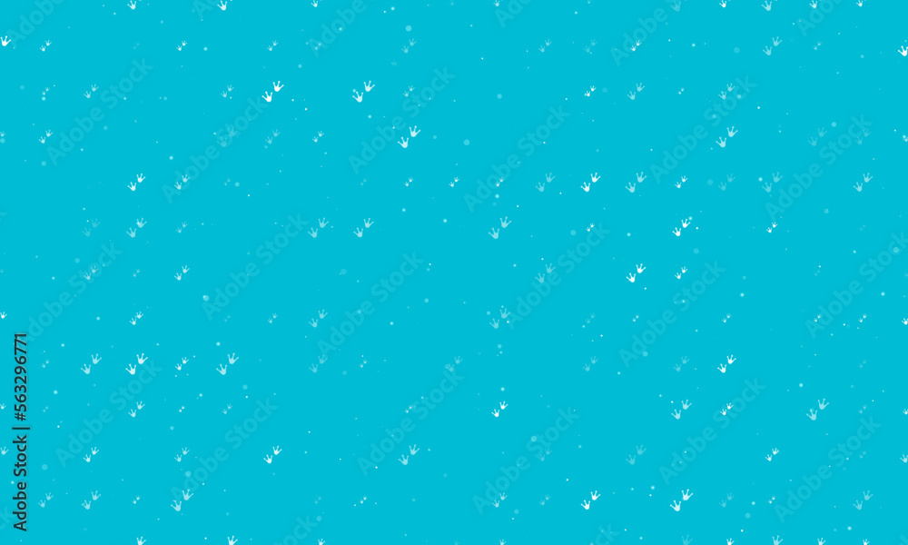 Seamless background pattern of evenly spaced white frog tracks symbols of different sizes and opacity. Vector illustration on cyan background with stars Seamless background pattern of evenly spaced white frog tracks symbols of different sizes and opacity. Vector illustration on cyan background with stars