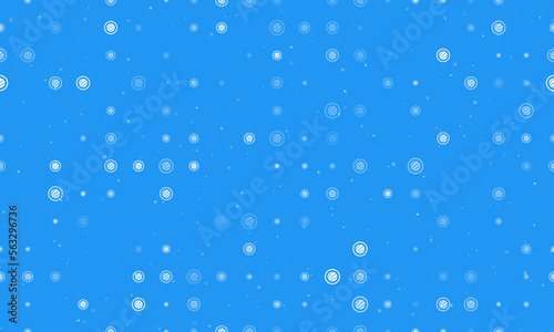 Seamless background pattern of evenly spaced white sushi roll symbols of different sizes and opacity. Vector illustration on blue background with stars
