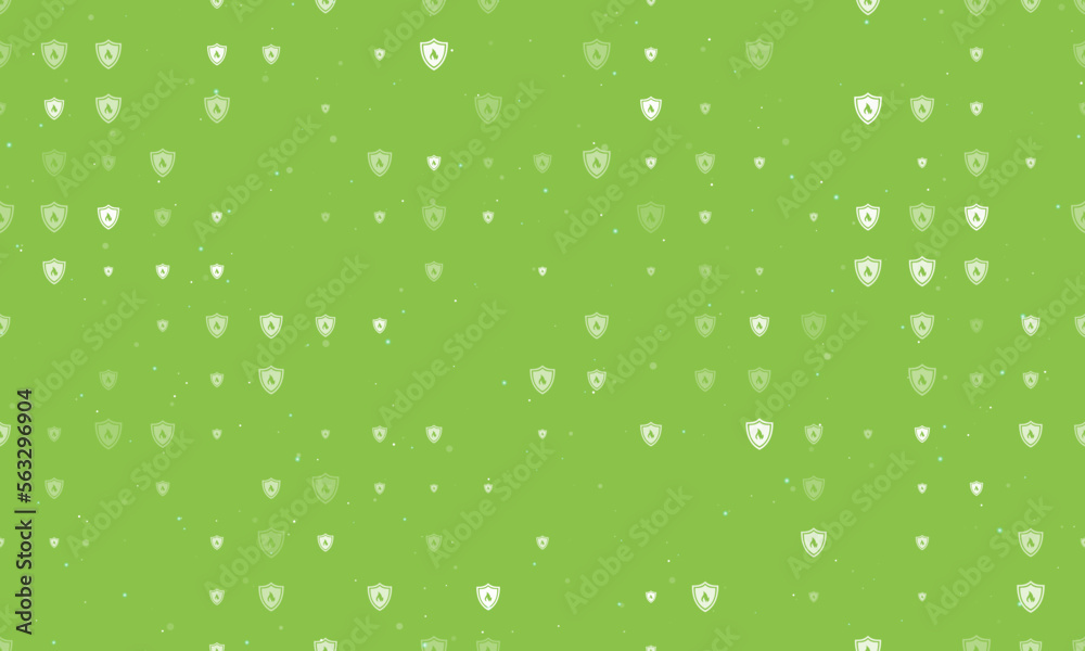 Seamless background pattern of evenly spaced white fire protection symbols of different sizes and opacity. Vector illustration on light green background with stars