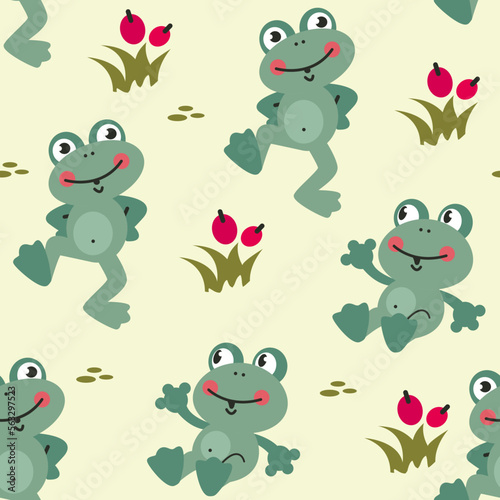 Colorful seamless pattern with funny cartoon dancing frog in flat style. Endless texture for fabric  baby clothes  background  textile  wallpaper. Vector illustration.