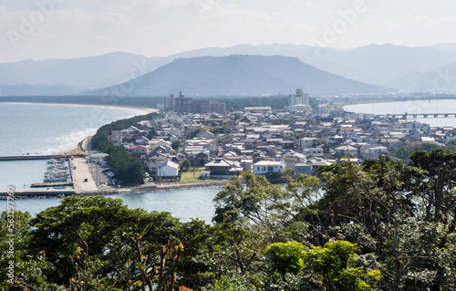Morning view of Karatsu city and Karatsu bay from Karatsu castle hill - Saga prefecture, Japan