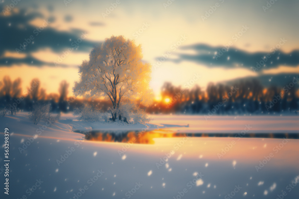 Illustration einer schneebedeckten Winterlandschaft in einer schönen Lichtstimmung in der Unschärfe als Hintergrund, Generative AI