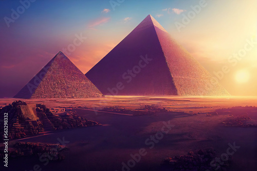 Two ancient pyramids in egyptian desert at sunset  Generative AAI 