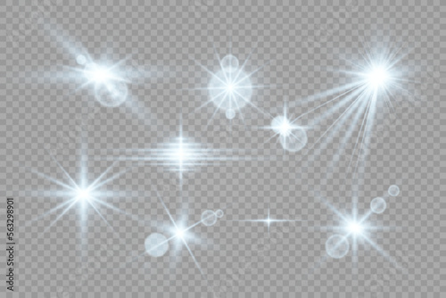 Special lens flash, light effect. The flash flashes rays and searchlight. illust.White glowing light. Beautiful star Light from the rays. The sun is backlit. Bright beautiful star. Sunlight. Glare.
